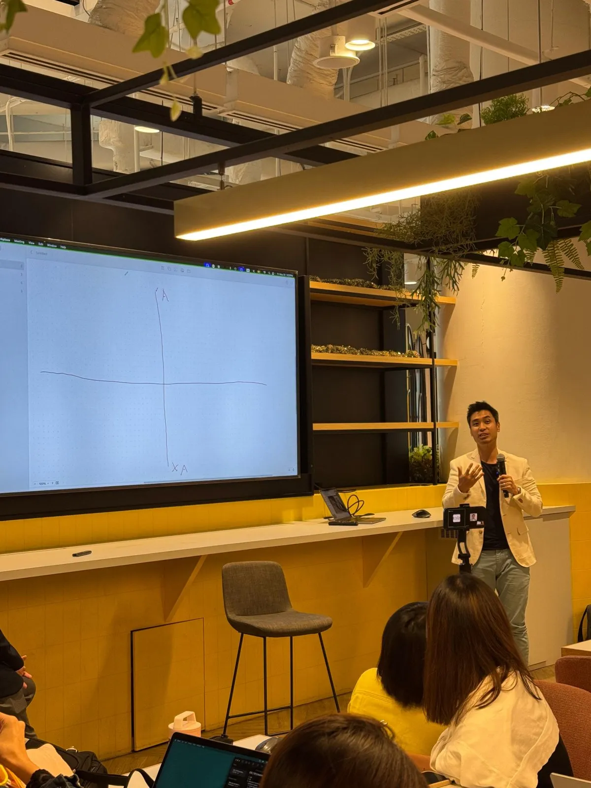 Ling Chun Wei explaining a framework on screen to a room of advisers at an EXO practice sharing session